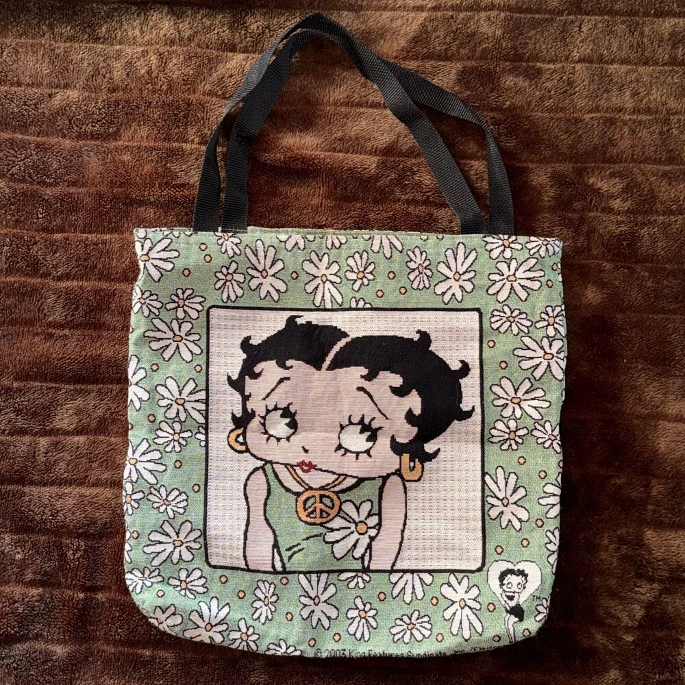 Vtg 2003 Betty Boop Large Tapestry Tote Bag - Peace Signs & Daisies - Y2K Retro